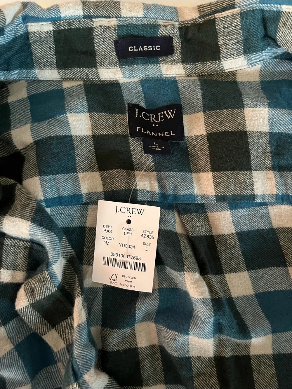 NWT J.Crew Flannel Classic Plaid Button Down Long Sleeve shirt 100% cotton L
